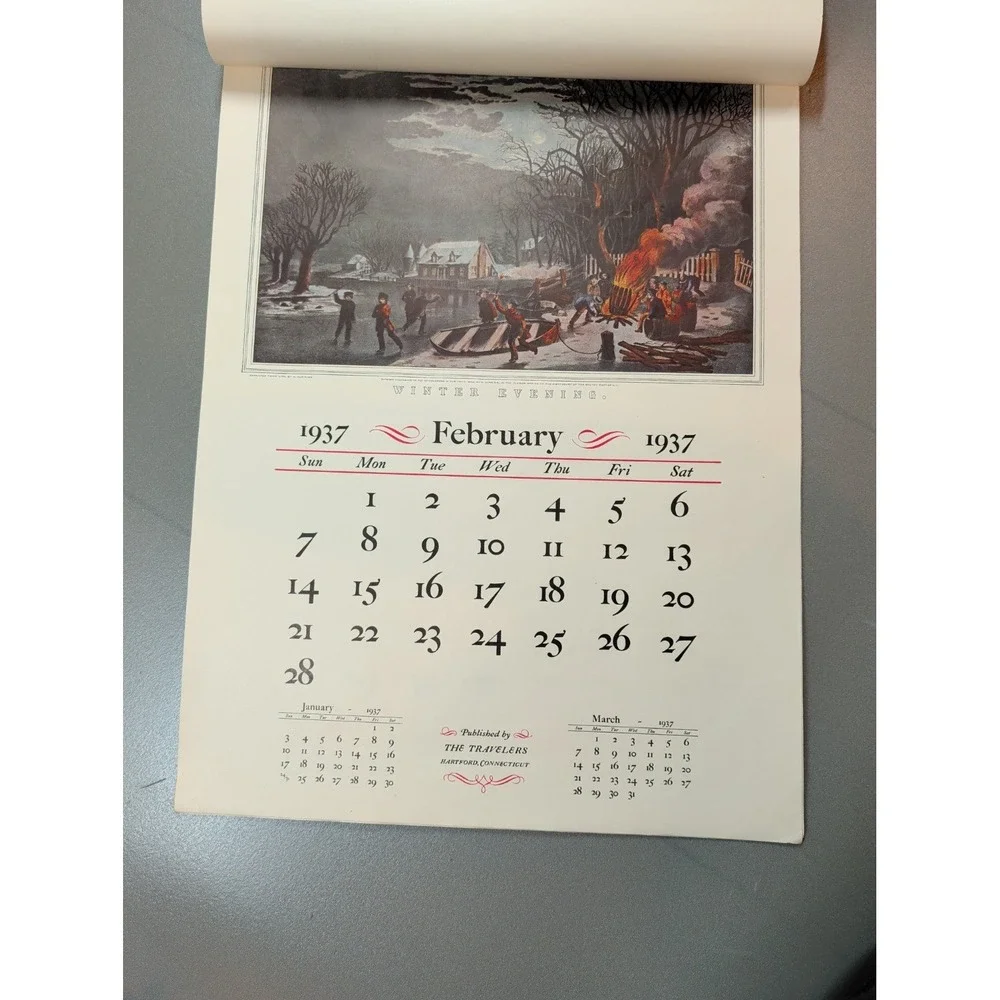 Vintage 1937‎ Travelers Insurance Calendar Currier and Ives Lithographs 16x22